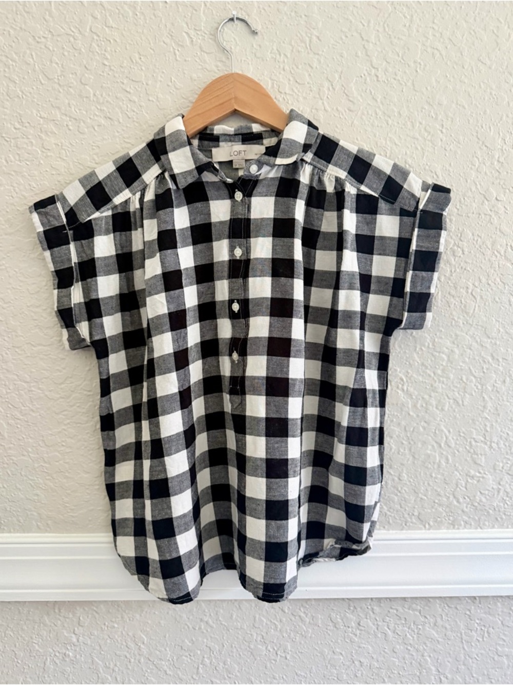 LOFT Black & White Gingham Blouse Size S Petite | Button Front Top